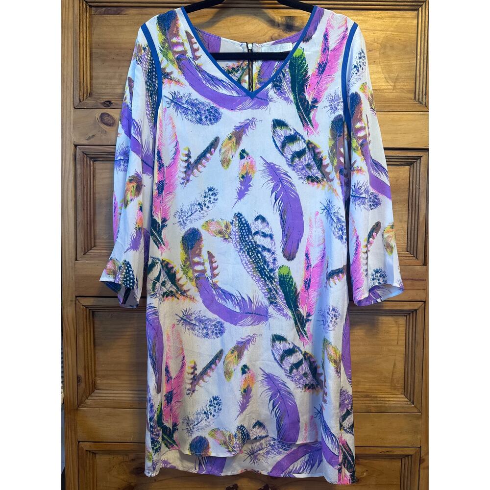San & Soni Silk Feather Print Dress‎ medium